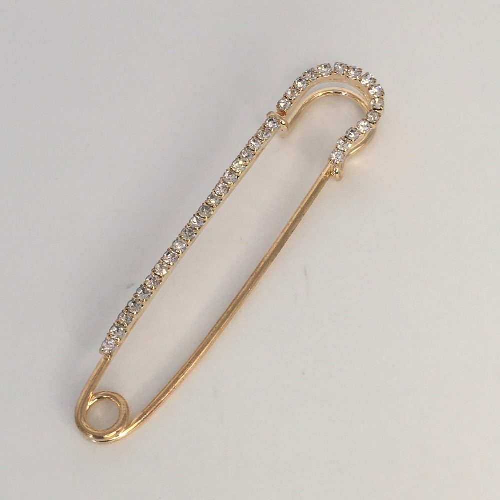 Elegant Gold with Clear Rhinestones Safety Pin Kilt Pin Brooch